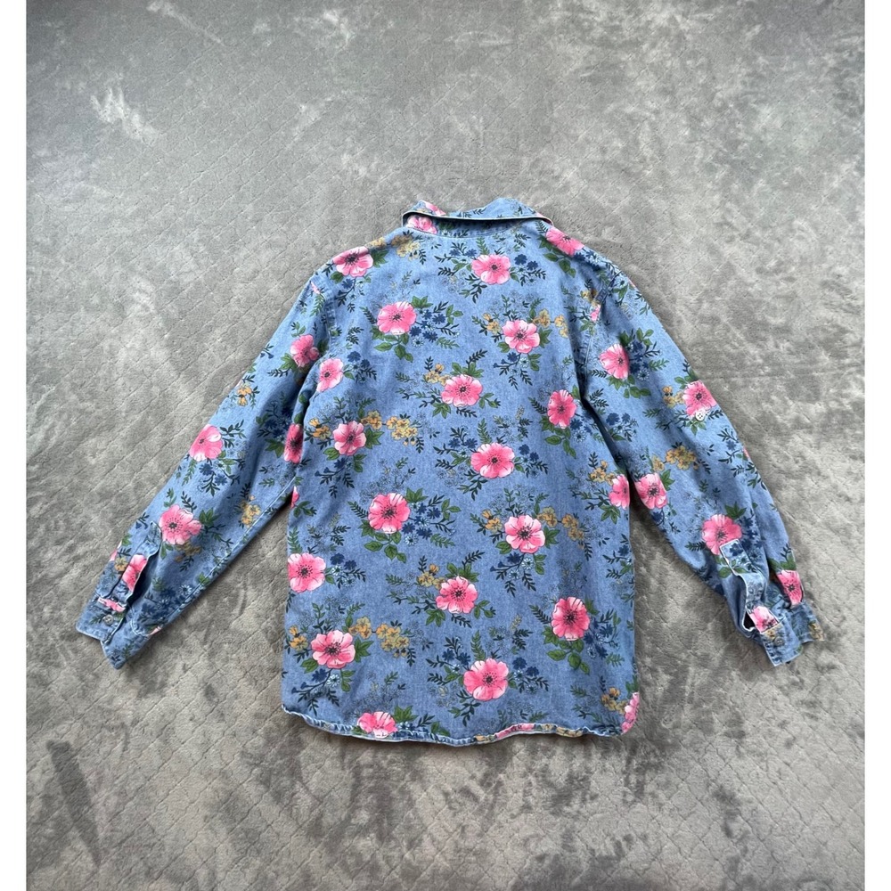 Vintage 90s CAPACITY Women M Denim Floral Shirt Blue Pink Button Up Long Sleeve - Picture 3 of 13